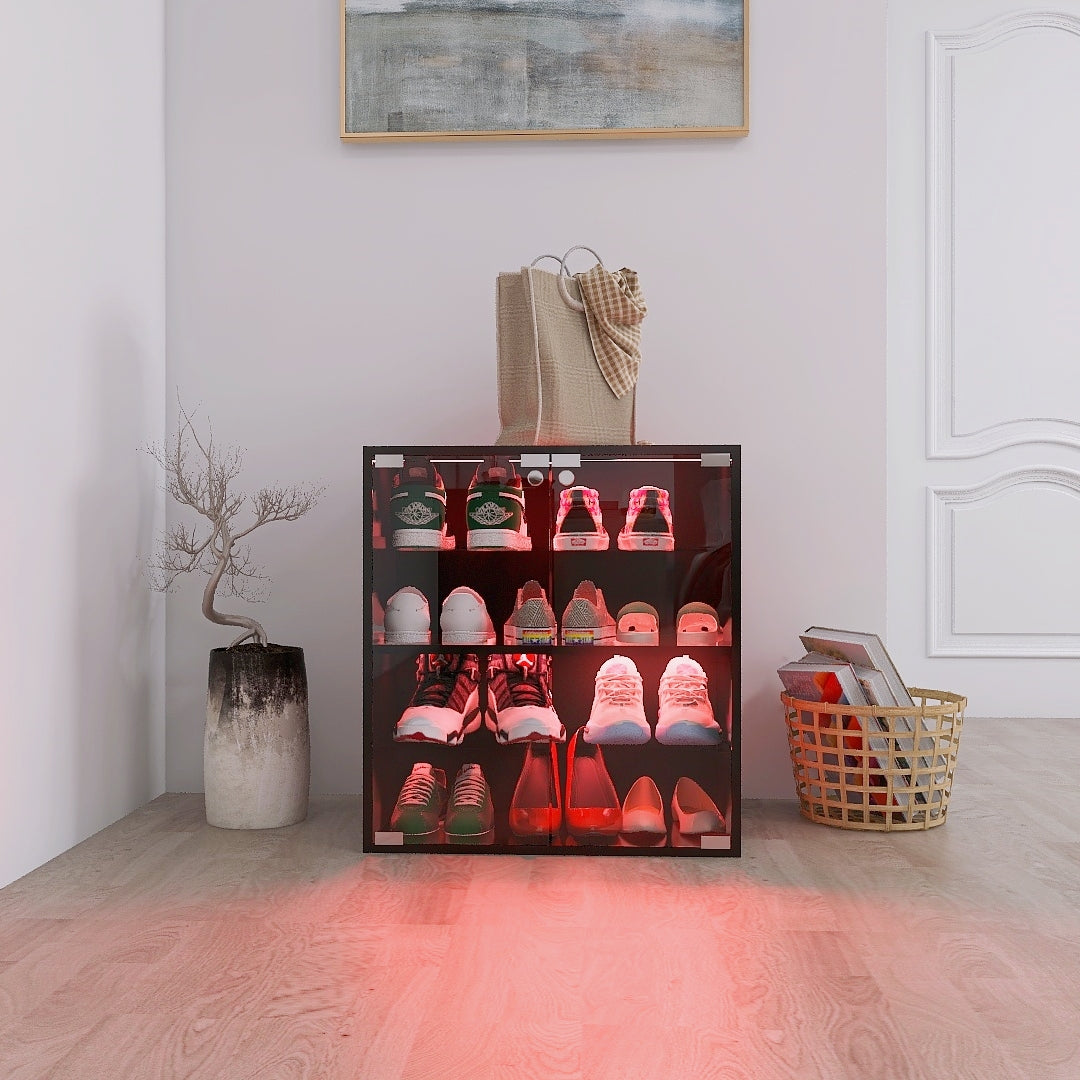 4 Layers Black Shoe Cabinet with Glass Door and Glass Layer Shoes Display Cabinet with LED light Bluetooth Control - V.I.P Digital Presence