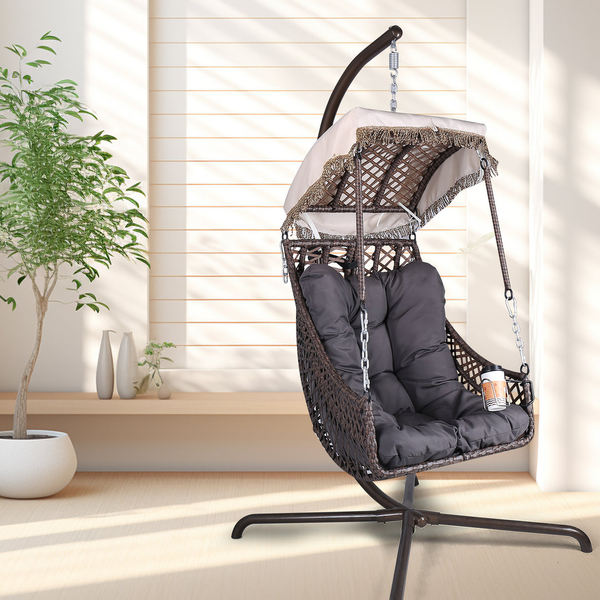 Swing Egg Chair with Stand Indoor Outdoor Wicker Rattan Frame 350lbs Capacity Hammock Chair - V.I.P Digital Presence