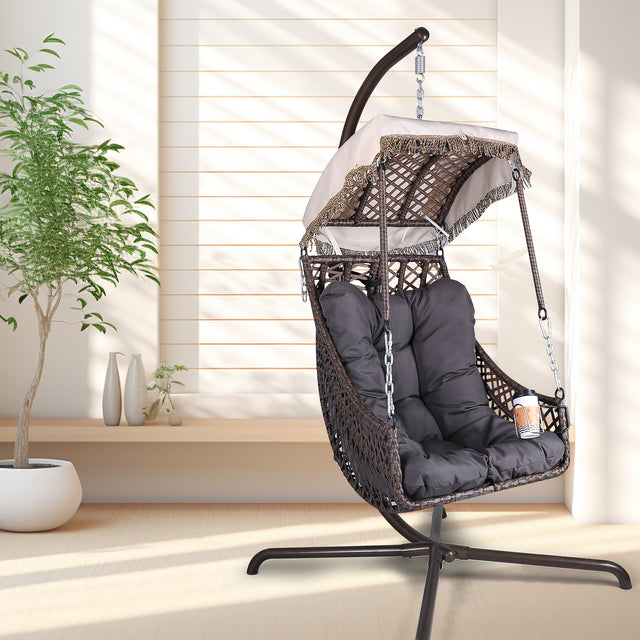 Swing Egg Chair with Stand Indoor Outdoor Wicker Rattan Frame 350lbs Capacity Hammock Chair - V.I.P Digital Presence