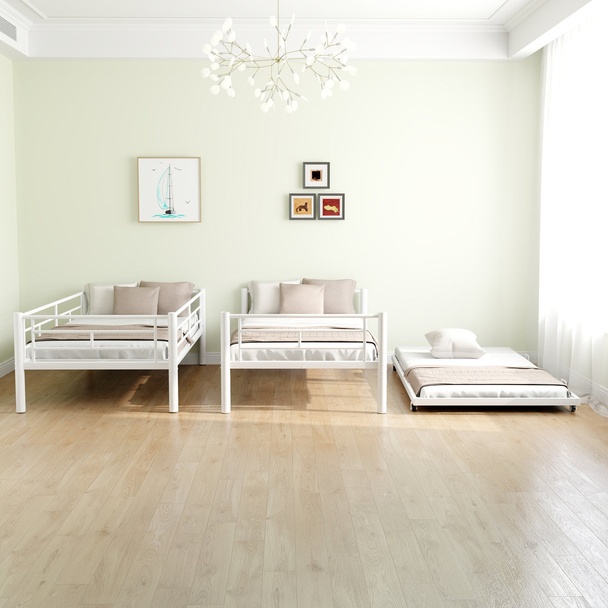 Heavy-duty Sturdy Meta Twin over Twin with Trundle Bunk Bed/l/ Noise Reduced/ Safety Guardrail/No Box Spring Needed,White - V.I.P Digital Presence