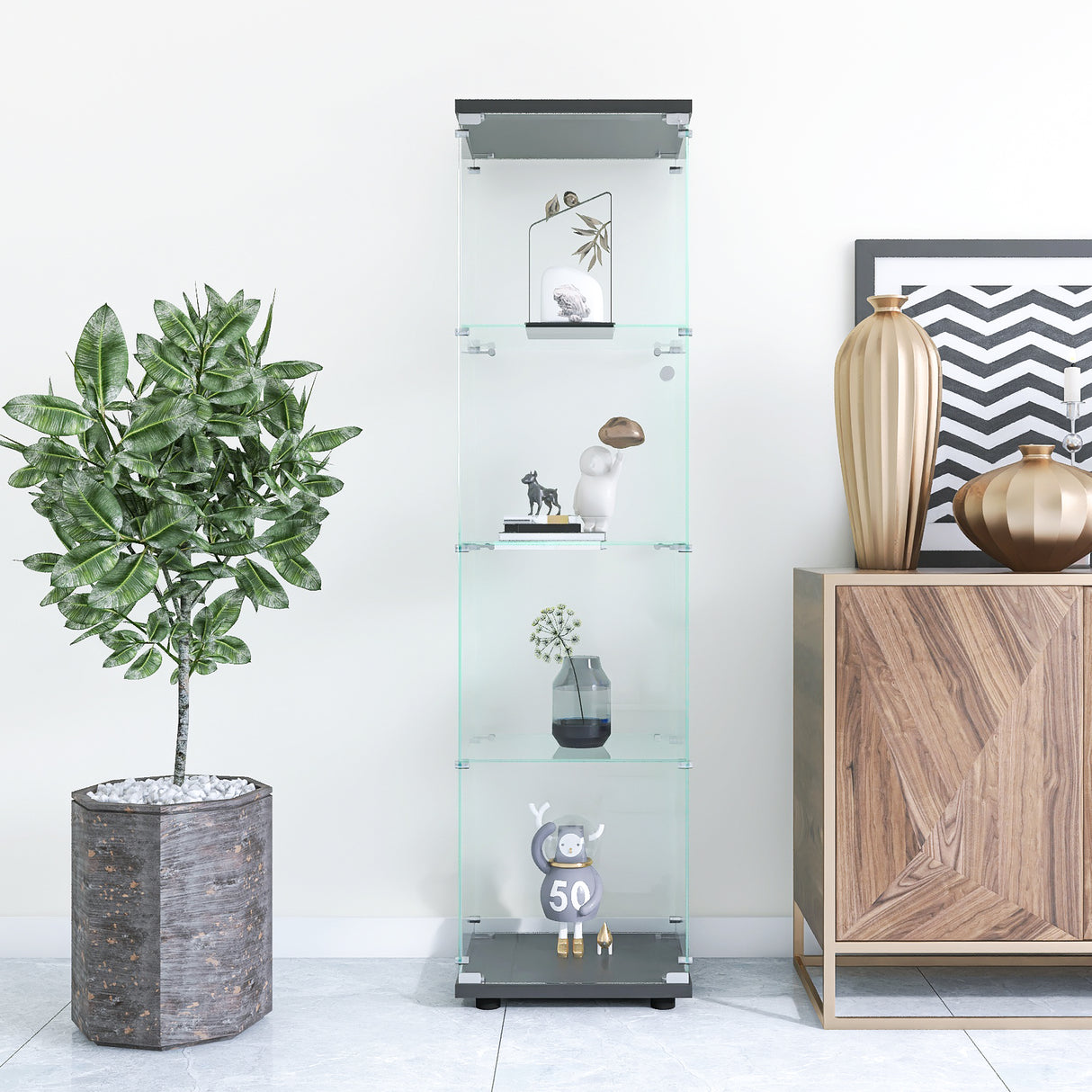 4 glass display cabinets with door shelves, floor standing antique bookshelf, 64.7 "* 16.7" * 14.3 ", black - V.I.P Digital Presence
