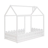 {Slats are not included}Twin Size Wood Bed House Bed Frame with Fence for KidsTeens Girls Boys {White}