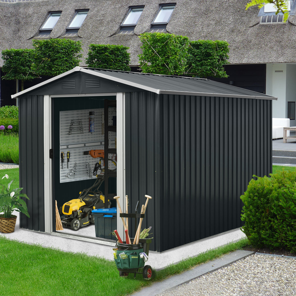 8ft x 10ft Outdoor Metal Storage Shed with Floor Base Black - V.I.P Digital Presence