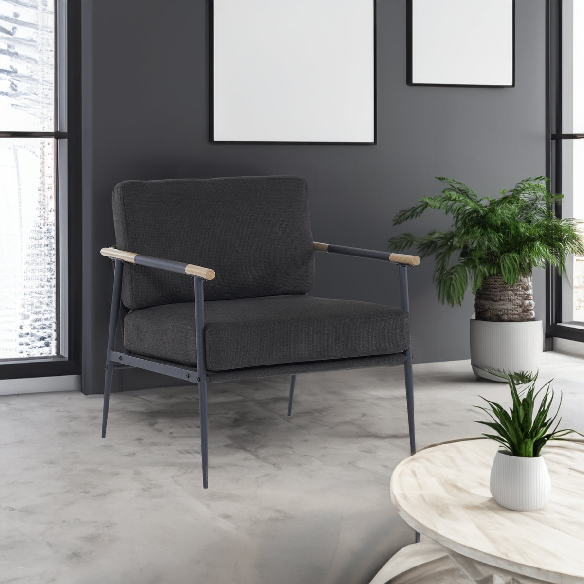Leisure Lounge Chair Arm Chair with Metal Frame, Upholstered Side Chair Comfy Sitting Chair for Living Room, Black Chenille - V.I.P Digital Presence
