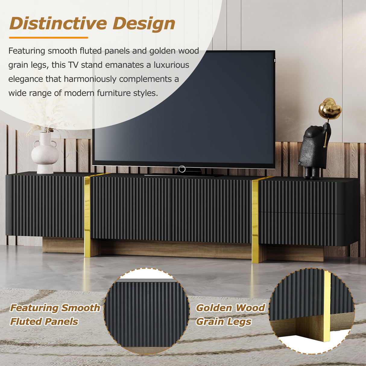 Luxury Fluted TV Stand for TVs Up to 80'', Modern Entertainment Center with Storage Cabinets & Drawers Black - V.I.P Digital Presence
