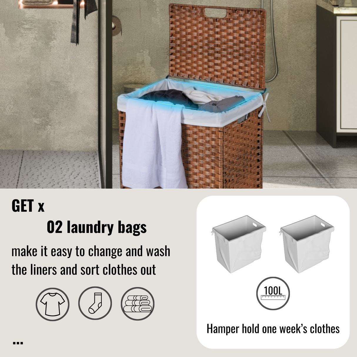 Laundry Hamper With Lid PE Rattan Powder Coating Frame Clothes Hampers with 02 Removable Bags, 100L, Brown Color - V.I.P Digital Presence