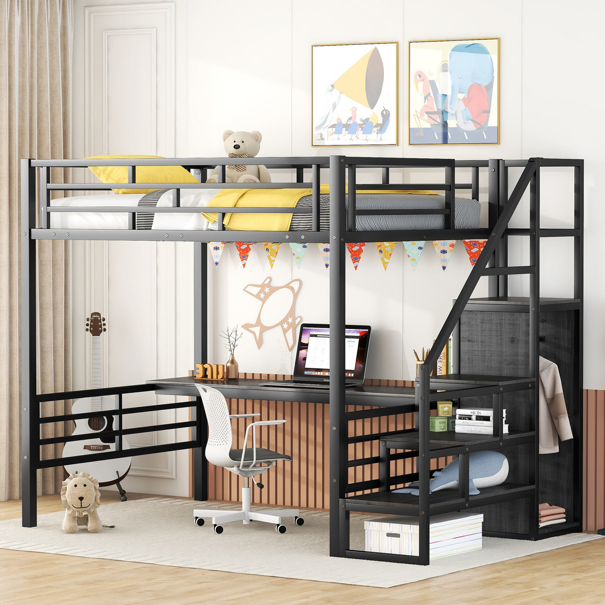 Full Size Metal Loft Bed with Desk, Storage Staircase and Small Wardrobe, Storage stairs can be installed left and right,Black - V.I.P Digital Presence