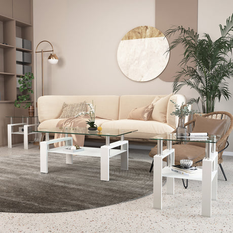 Set of 2, Modern Tempered Glass Tea Table Coffee Table End Table, Square Table for Living Room, Transparent/White - V.I.P Digital Presence