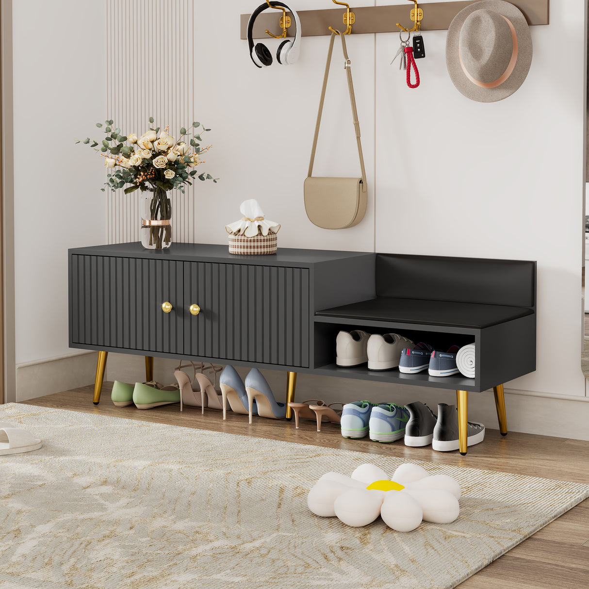 Modern Shoe Storage Bench with Hidden Storage and Upholstered Cushions for Bedside, Living Room and Entryway (Gray) - V.I.P Digital Presence