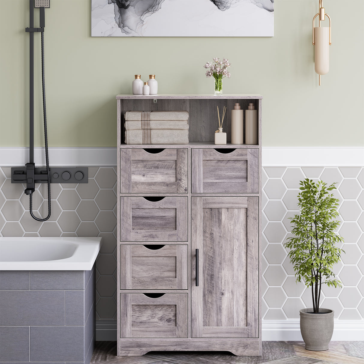 5 Drawers Storage Cabinet with Adjustable Shelves, Bathroom Cabinet with Doors, Floor Cabinet for Living Room Grey - V.I.P Digital Presence