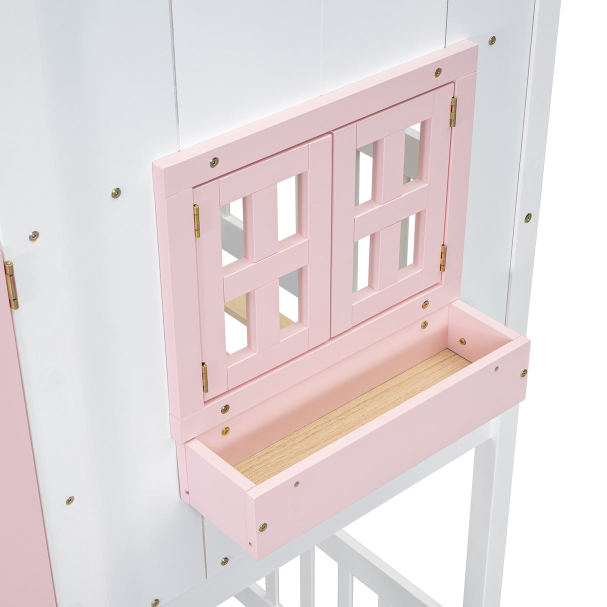 Twin over Twin House Bunk Bed with Roof , Window, Window Box, Door , with Safety Guardrails and Ladder, Pink/White - V.I.P Digital Presence