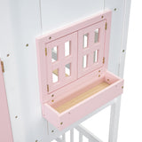 Twin over Twin House Bunk Bed with Roof , Window, Window Box, Door , with Safety Guardrails and Ladder, Pink/White - V.I.P Digital Presence