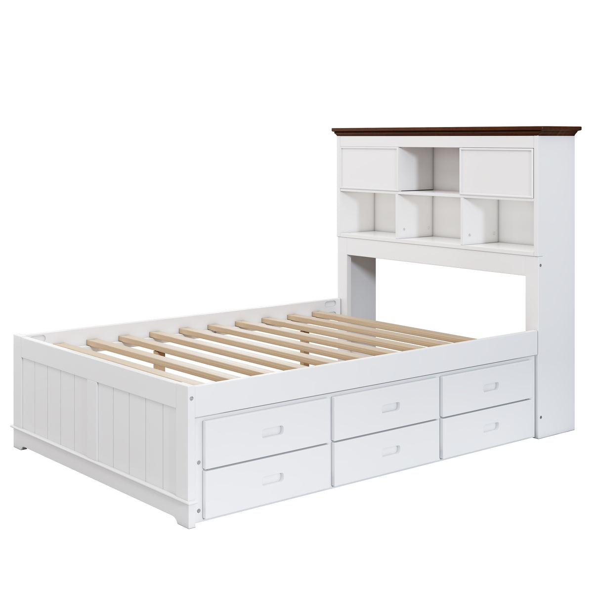 Solid Pine Captain Bookcase Bed with Trundle Bed and 3 Spacious Under Bed Drawers in Casual,Full, White+Walnut - V.I.P Digital Presence