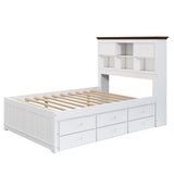 Solid Pine Captain Bookcase Bed with Trundle Bed and 3 Spacious Under Bed Drawers in Casual,Full, White+Walnut - V.I.P Digital Presence