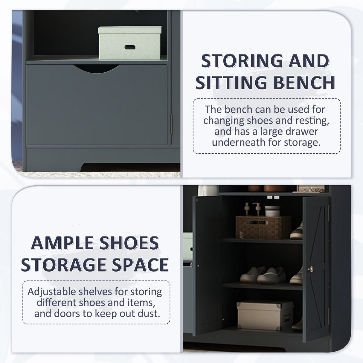 Multi-functional Hall Tree with Storage Shelves Drawers and Cabinet, Elegant Hallway Shoe Cabinet with Bench Antique Blue - V.I.P Digital Presence