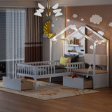 Twin Size House Bed with Upholstered Sofa, House Bed with Charging Station, Wireless Charging, Shelves and Two Drawers, White - V.I.P Digital Presence