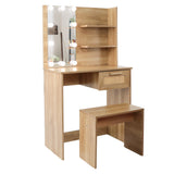 Vanity Desk Set Stool & Dressing Table with LED Lighting Mirror Drawer and Wood Cosmetic Table Chest of Drawers Nature Color - V.I.P Digital Presence