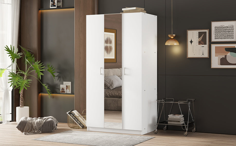 3 Door Wardrobe with Mirror, Armoire with Hanging Rod and 3 Fixed Shelves,White - V.I.P Digital Presence