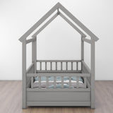 Twin Size Floor Wooden Bed with House Roof Frame Fence Guardrails Grey - V.I.P Digital Presence