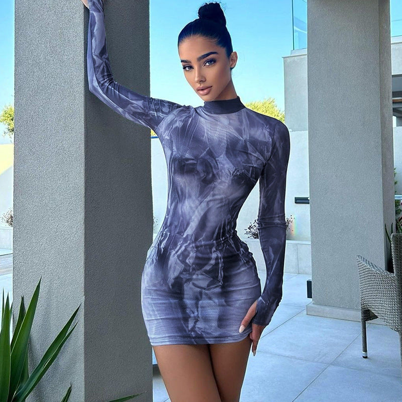 High Neck Long Sleeve Printed Dress - V.I.P Digital Presence