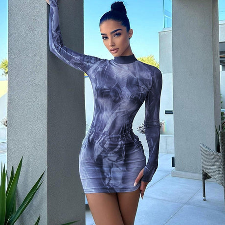 High Neck Long Sleeve Printed Dress - V.I.P Digital Presence