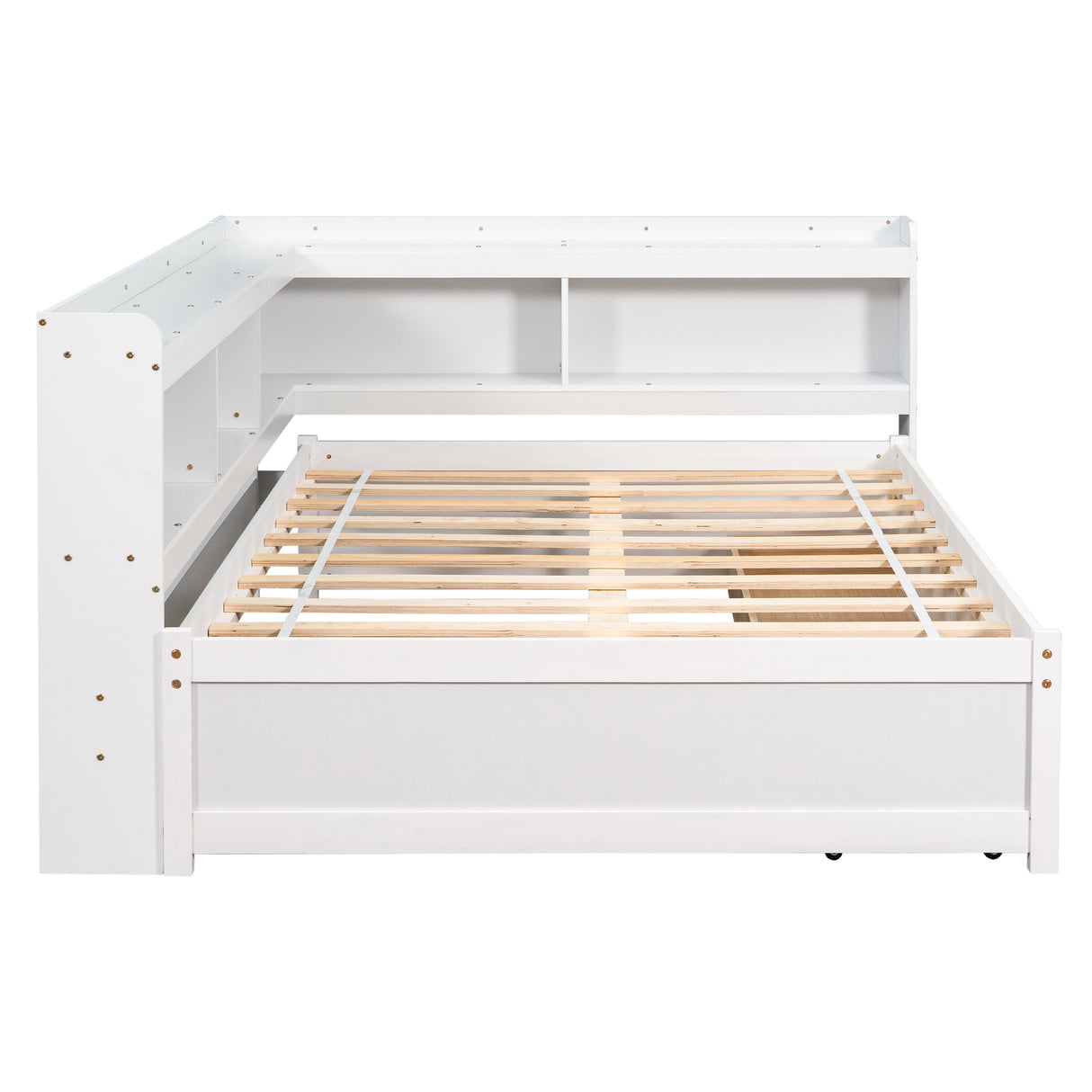 Full Bed with L-shaped Bookcases, Drawers ,White - V.I.P Digital Presence