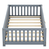Twin Size Bed Floor Bed with Safety Guardrails and Door for Kids, Gray - V.I.P Digital Presence