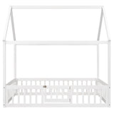 Full Size Wood House Bed with Fence and Door White Wash