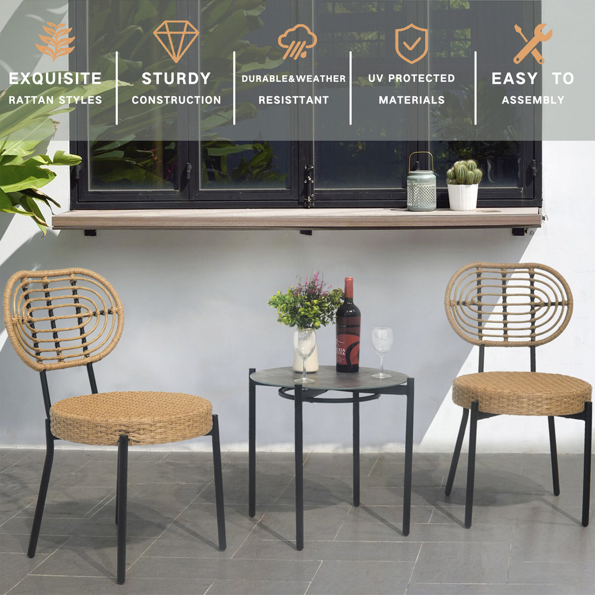 3 Pieces Of Luxury Outdoor Wicker Furniture - Patio Bistro Style Table And Chair Combination - V.I.P Digital Presence