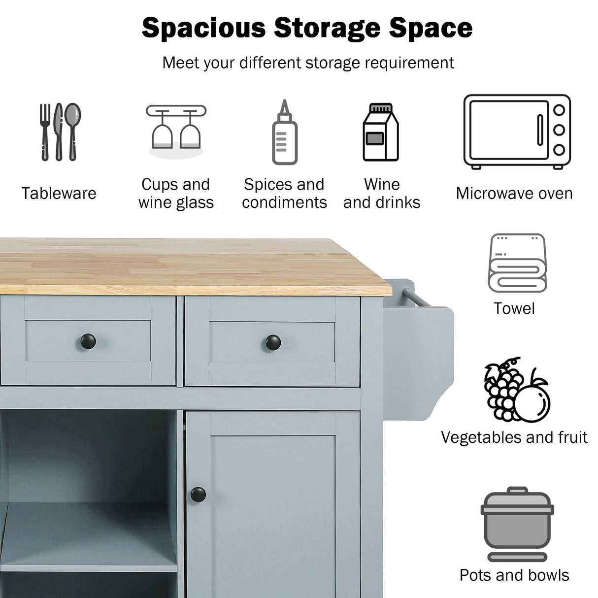 Kitchen handcart with rubber wood leaf countertop, storage cabinet, shelf, and 3 dining room drawers, gray blue - V.I.P Digital Presence