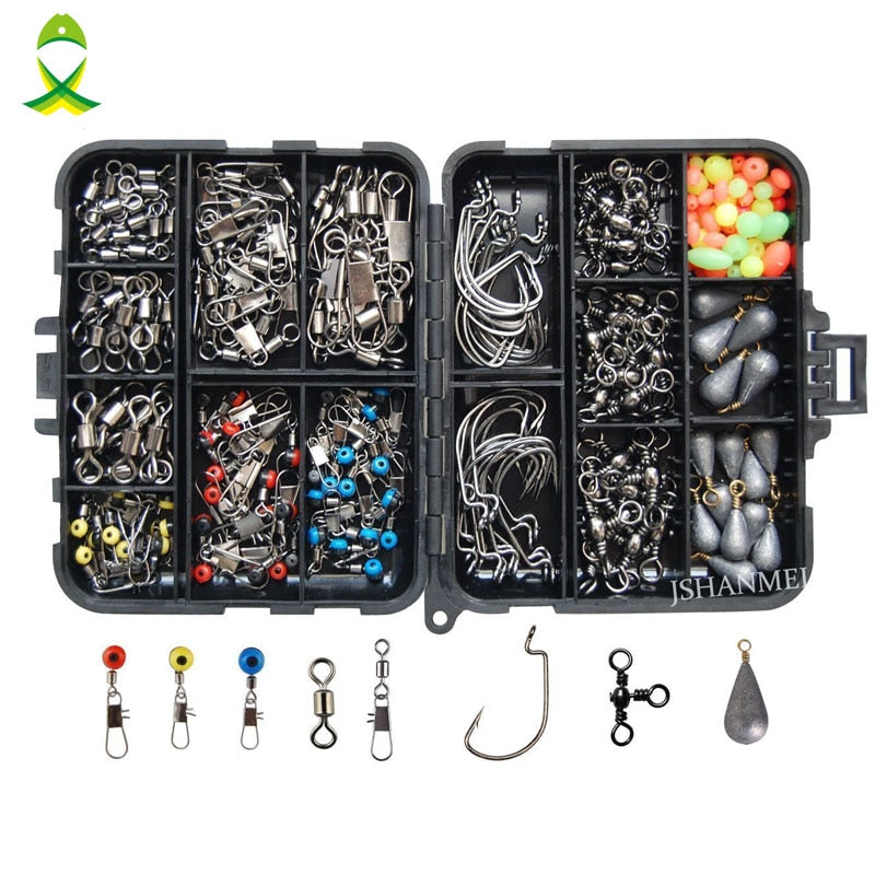 Kit de accesorios de pesca JSM 160 piezas/caja que incluye anzuelos, pesas de pesca, eslabones giratorios y broches con caja de aparejos de pesca. 