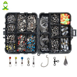 Kit de accesorios de pesca JSM 160 piezas/caja que incluye anzuelos, pesas de pesca, eslabones giratorios y broches con caja de aparejos de pesca. 