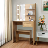 Vanity Desk Set Stool & Dressing Table with LED Lighting Mirror Drawer and Wood Cosmetic Table Chest of Drawers Nature Color - V.I.P Digital Presence