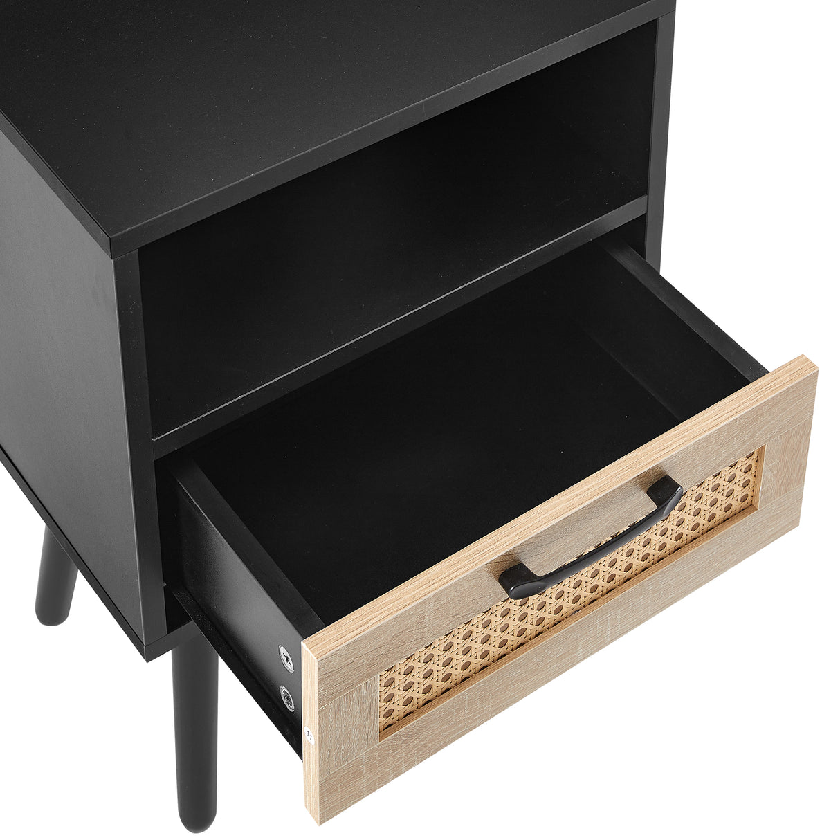 15.75" Rattan End table with drawer and solid wood legs Modern nightstand side table for living room black - V.I.P Digital Presence