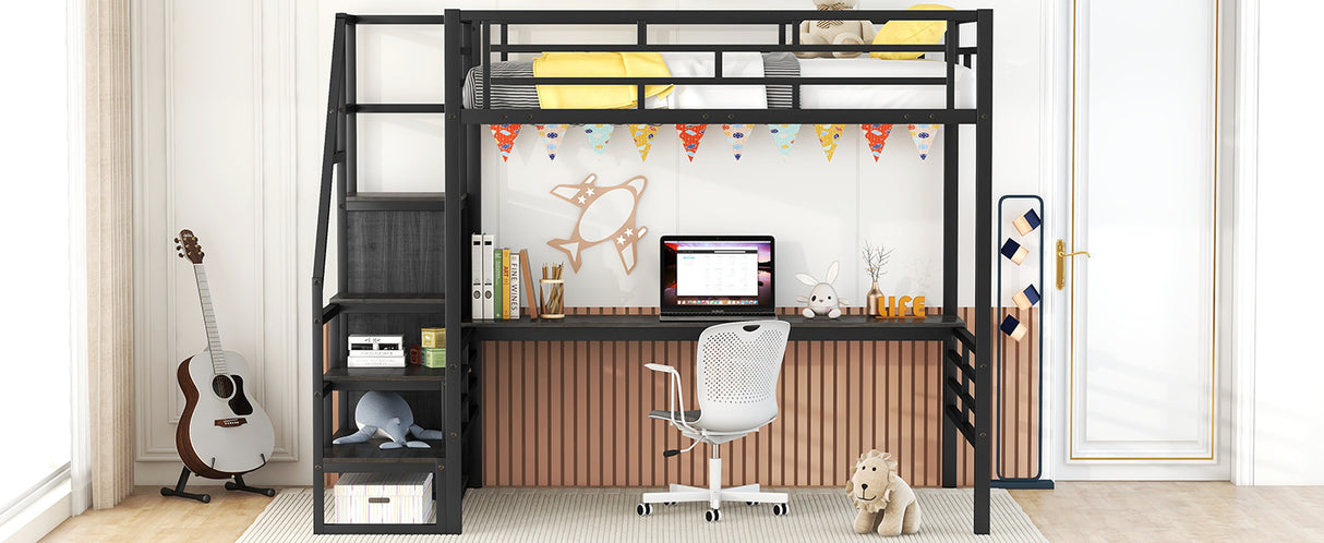 Full Size Metal Loft Bed with Desk, Storage Staircase and Small Wardrobe, Storage stairs can be installed left and right,Black - V.I.P Digital Presence