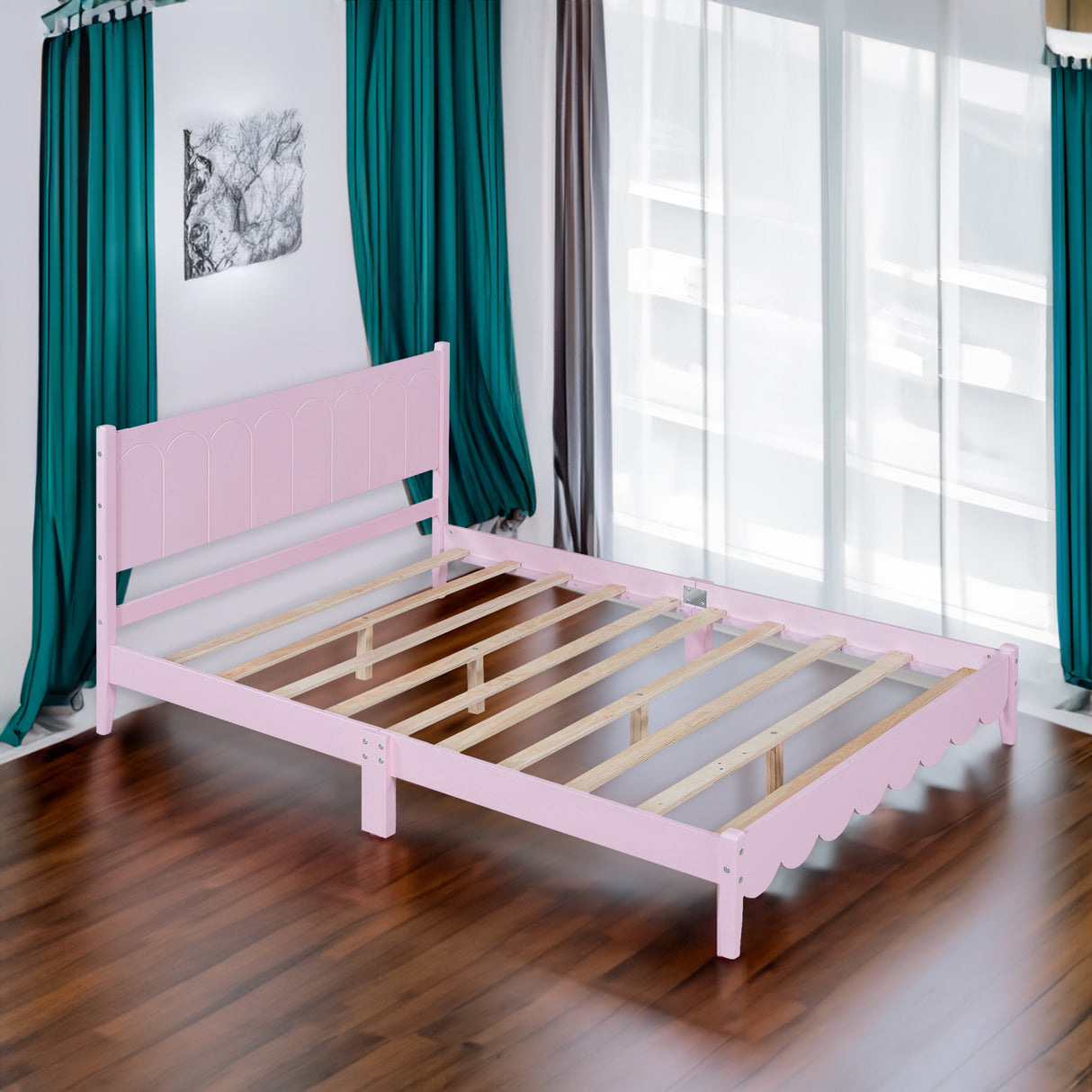 Full Size Wood Platform Bed Frame, Retro Style Bed with Rectangular Headboard,No Need Box Spring,Pink - V.I.P Digital Presence