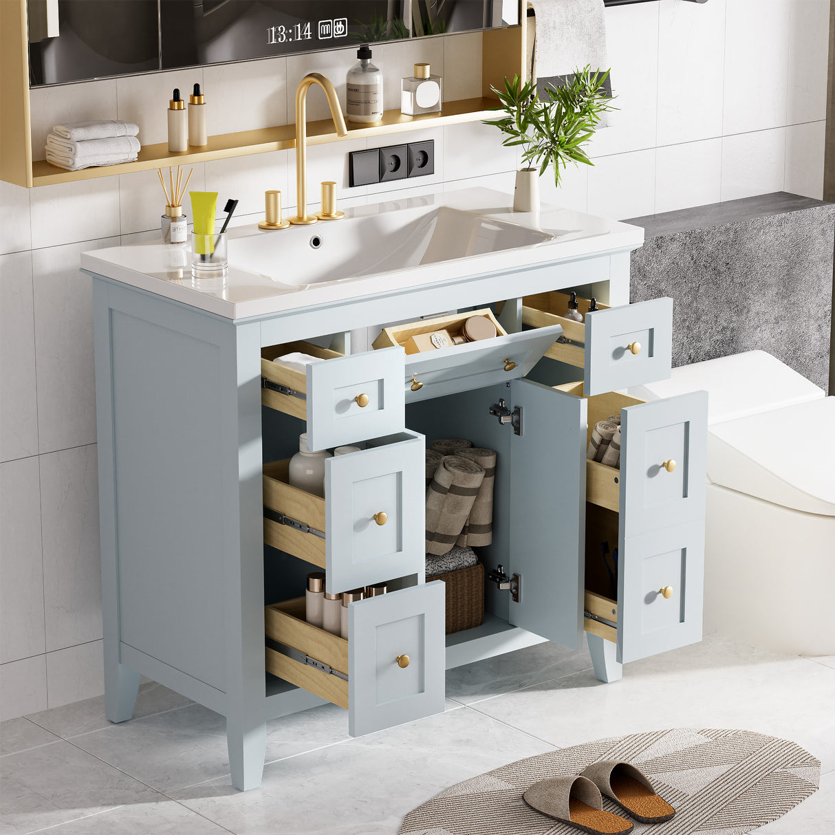 36 inch bathroom vanity with resin sink combination set with 6 drawers and 2 cabinets, storage cabinet vanity set, light blue - V.I.P Digital Presence
