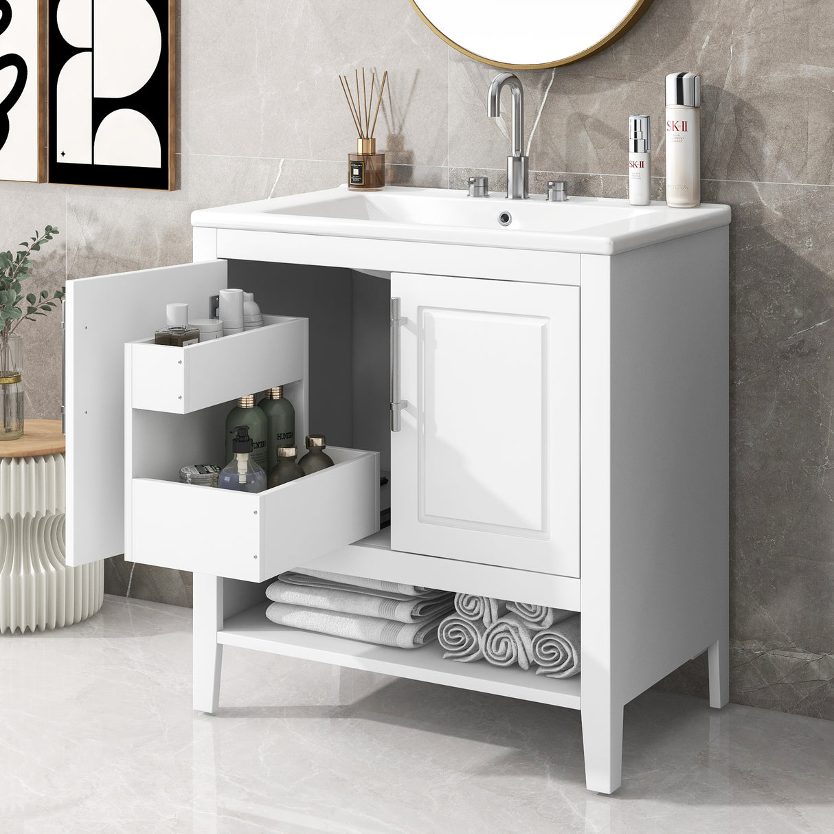 30" Bathroom Vanity with Sink  Multi-functional Bathroom Cabinet with Doors and Drawers Solid Frame and MDF Board, White - V.I.P Digital Presence