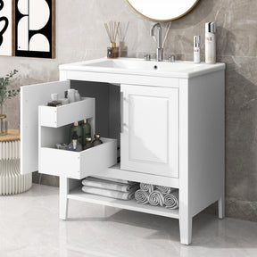 30" Bathroom Vanity with Sink  Multi-functional Bathroom Cabinet with Doors and Drawers Solid Frame and MDF Board, White - V.I.P Digital Presence