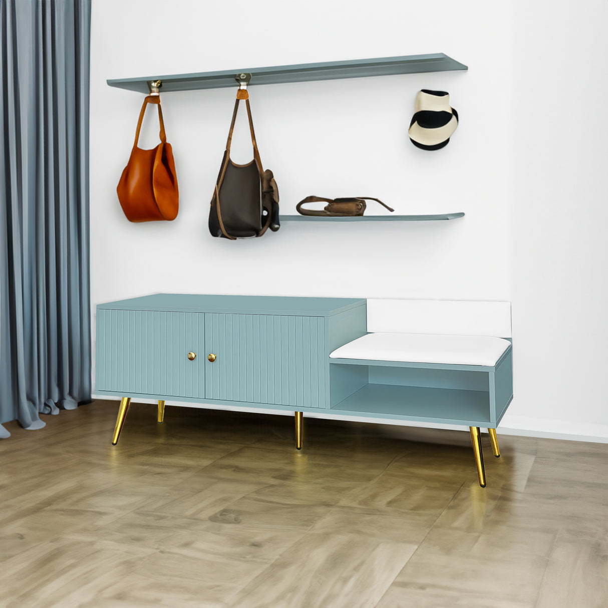 Modern Shoe Storage Bench with Hidden Storage and Upholstered Cushions for Bedside, Living Room and Entryway (Tiffany Blue) - V.I.P Digital Presence