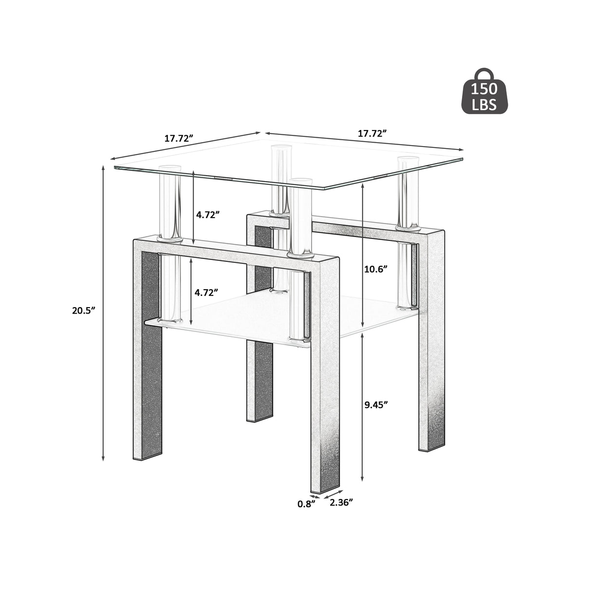 1-Piece Modern Tempered Glass Tea Table Coffee Table End Table, Square Table for Living Room, Transparent/Black - V.I.P Digital Presence
