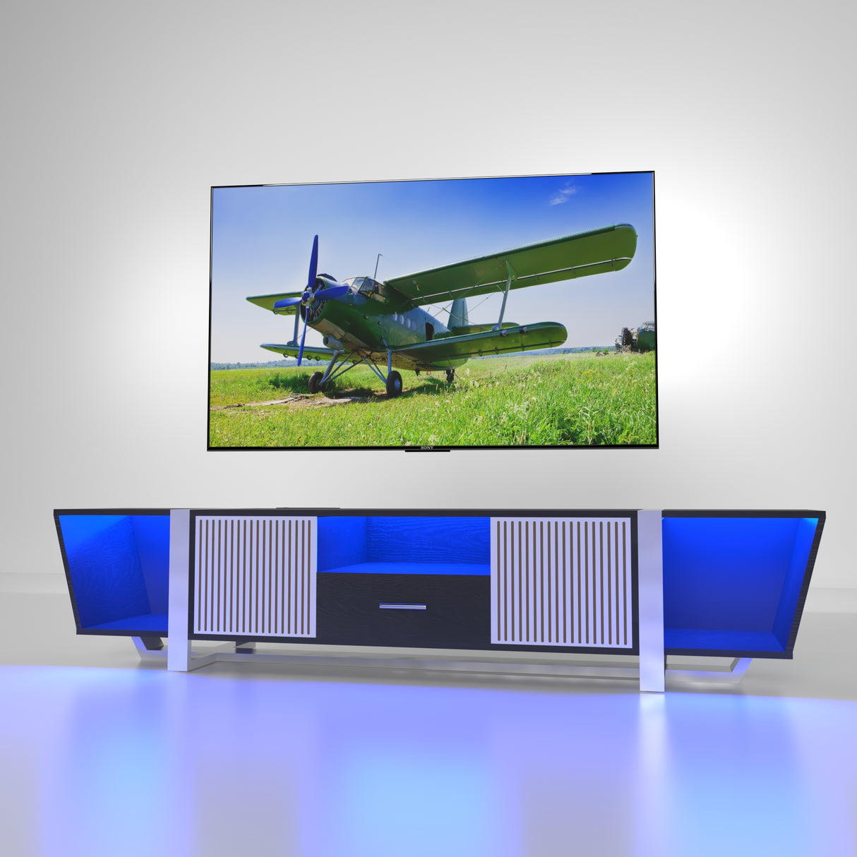 TV console with storage cabinet, dual flat LED TV stand with remote control, multi-mode light with power cord, black - V.I.P Digital Presence