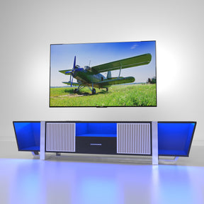 TV console with storage cabinet, dual flat LED TV stand with remote control, multi-mode light with power cord, black - V.I.P Digital Presence
