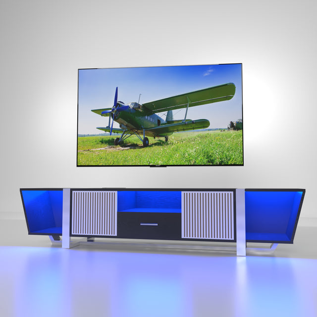 TV console with storage cabinet, dual flat LED TV stand with remote control, multi-mode light with power cord, black - V.I.P Digital Presence