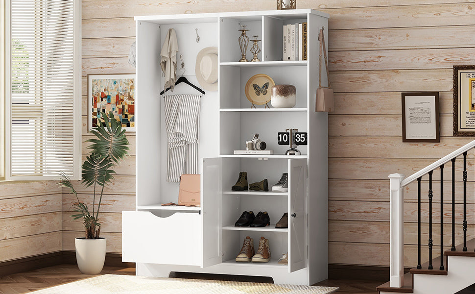 Multi-functional Hall Tree with Storage Shelves Drawers Cabinet Elegant Hallway Shoe Cabinet with Bench Modern Coat Rack White - V.I.P Digital Presence