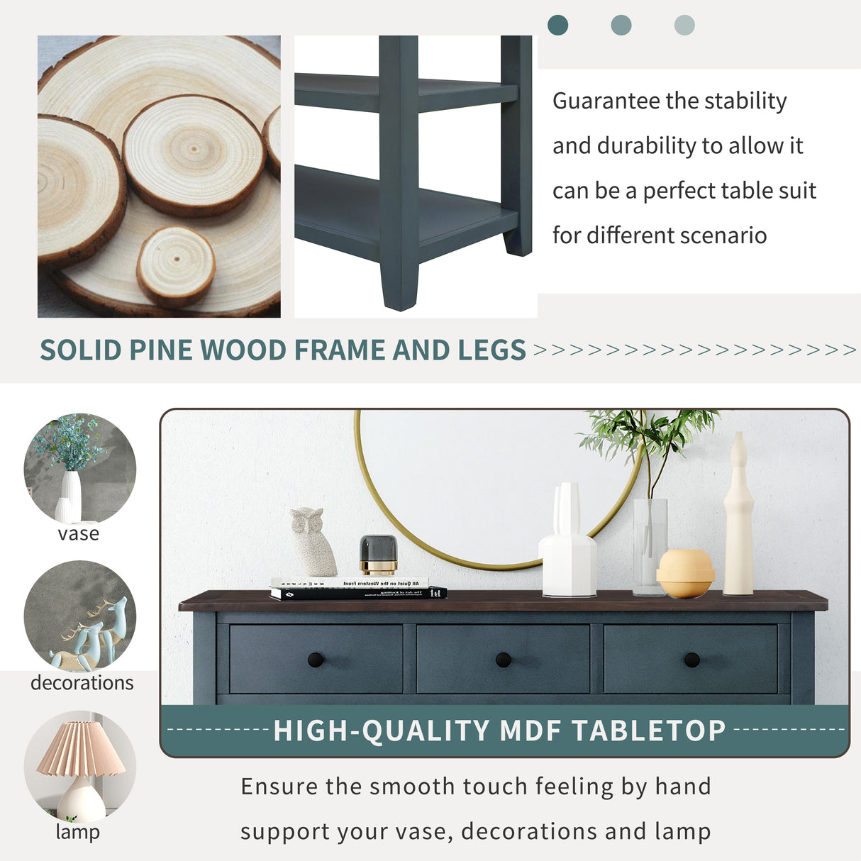 Retro Design Console Table with Two Open Shelves, Pine Solid Wood Frame and Legs for Living Room (Navy) - V.I.P Digital Presence