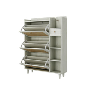 Natural Bohemian style shoe cabinet with 3 rattan flip drawers, 3 square shelves, and 1 storage drawer, white - V.I.P Digital Presence