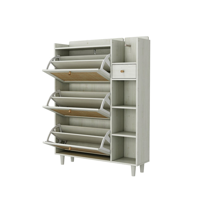 Natural Bohemian style shoe cabinet with 3 rattan flip drawers, 3 square shelves, and 1 storage drawer, white - V.I.P Digital Presence