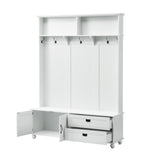 ON-TREND Modern Style Hall Tree with Storage Cabinet and 2 Large Drawers, Widen Mudroom Bench with 5 Coat Hooks, White - V.I.P Digital Presence
