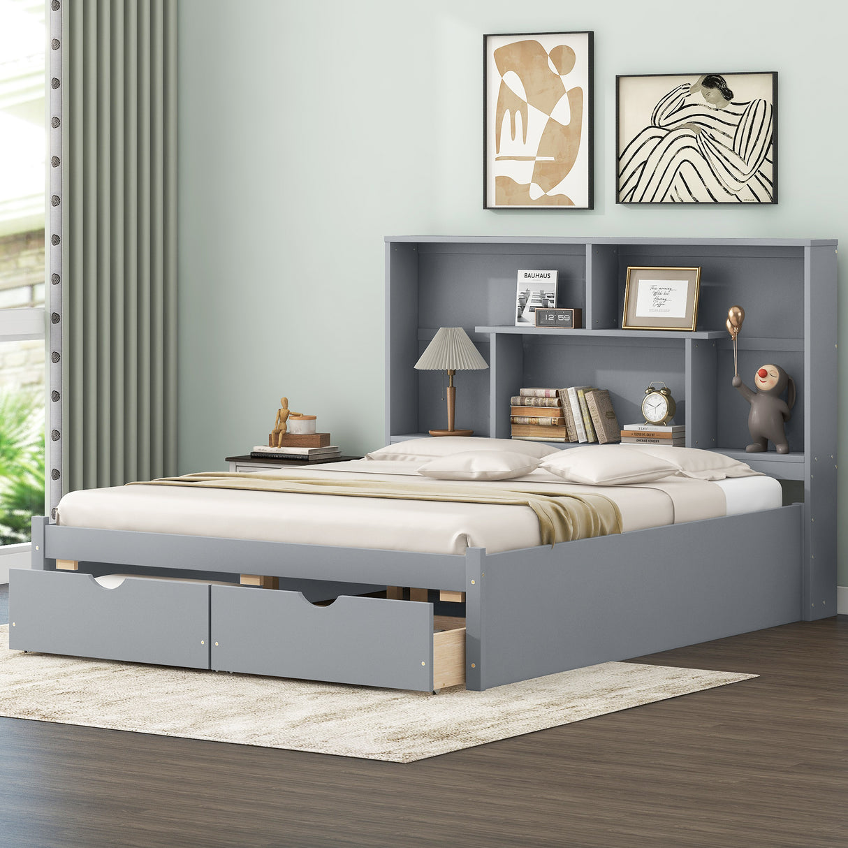 Queen Size Platform Bed with Storage Headboard and 2 Drawers, Gray - V.I.P Digital Presence